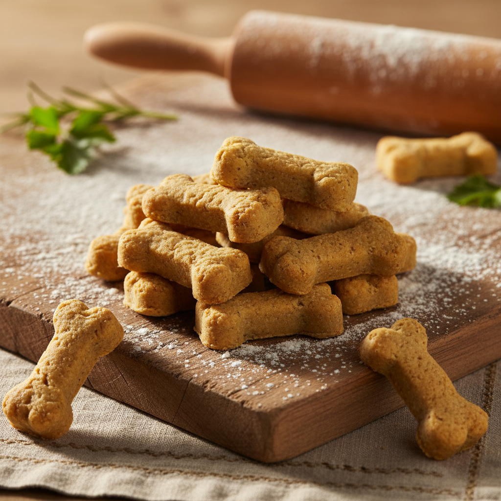 A close-up, high-quality photograph of homemade organic dog treats shaped like bones, arranged neatly on a rustic wooden table with scattered flour and a rolling pin in the background, warm natural lighting.