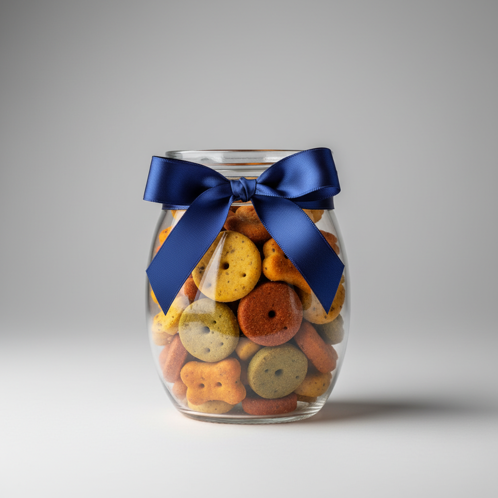 A professional studio shot of a transparent glass jar filled with colorful, various-sized dog biscuits, with a stylish ribbon tied around the neck, minimalist soft grey background.