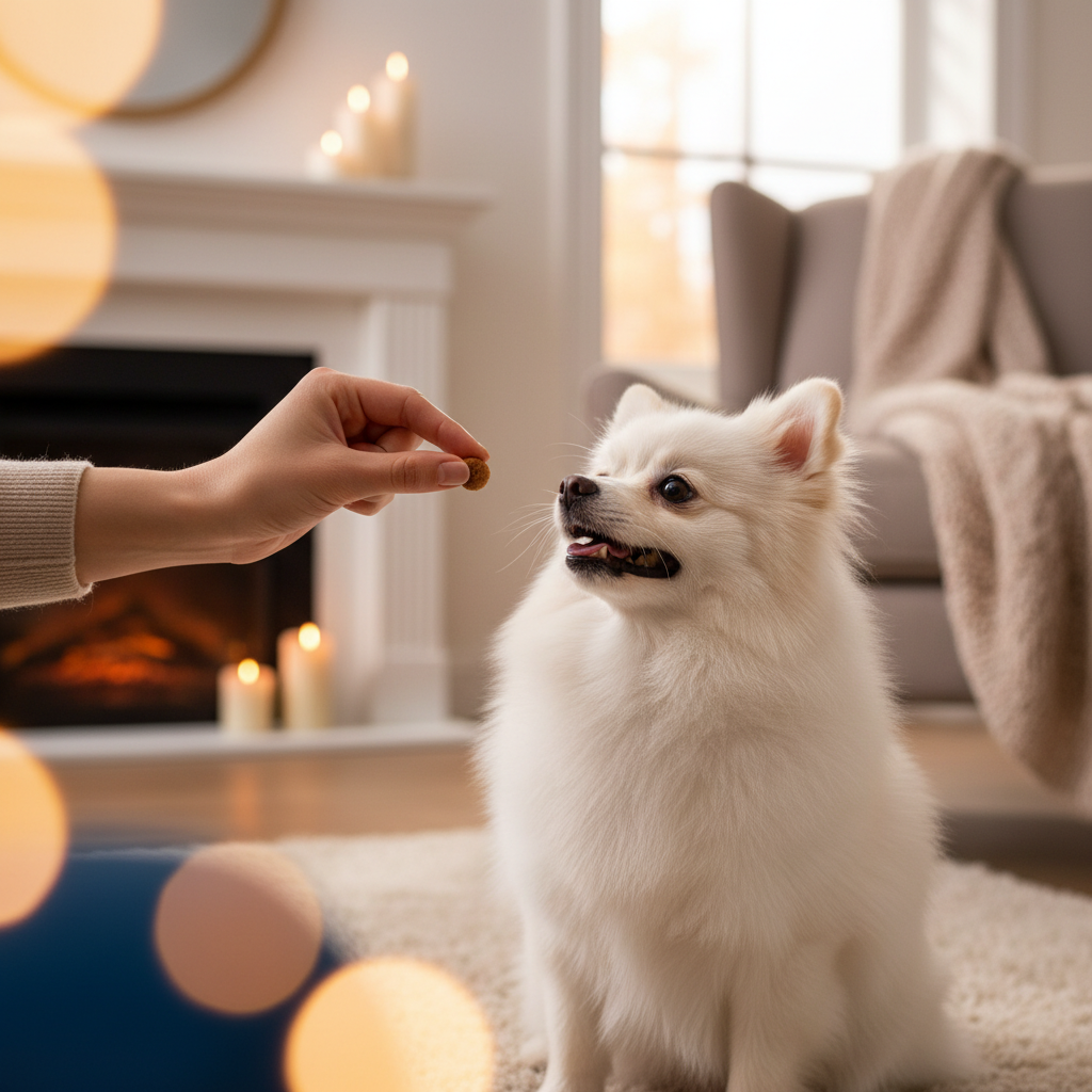 A person's hand rewarding a small, fluffy white Pomeranian with a tiny treat during a training session indoors, cozy living room setting with soft bokeh, high resolution.